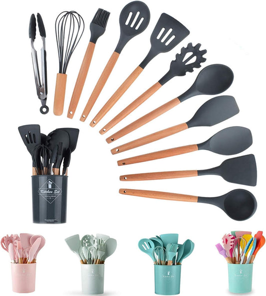 ELTERAZONE 12 Pcs Silicone Cooking Utensil Kitchen Set, Kitchen Utensils Set with Wood Handles for Nonstick Cookware Set, Great Kitchen Tools