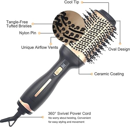 ELTERAZONE 4-in-1 Hot Air Brush, Professional Hair Styling Comb, Hair Curler and Straightener Comb, 1000W, UK Plug