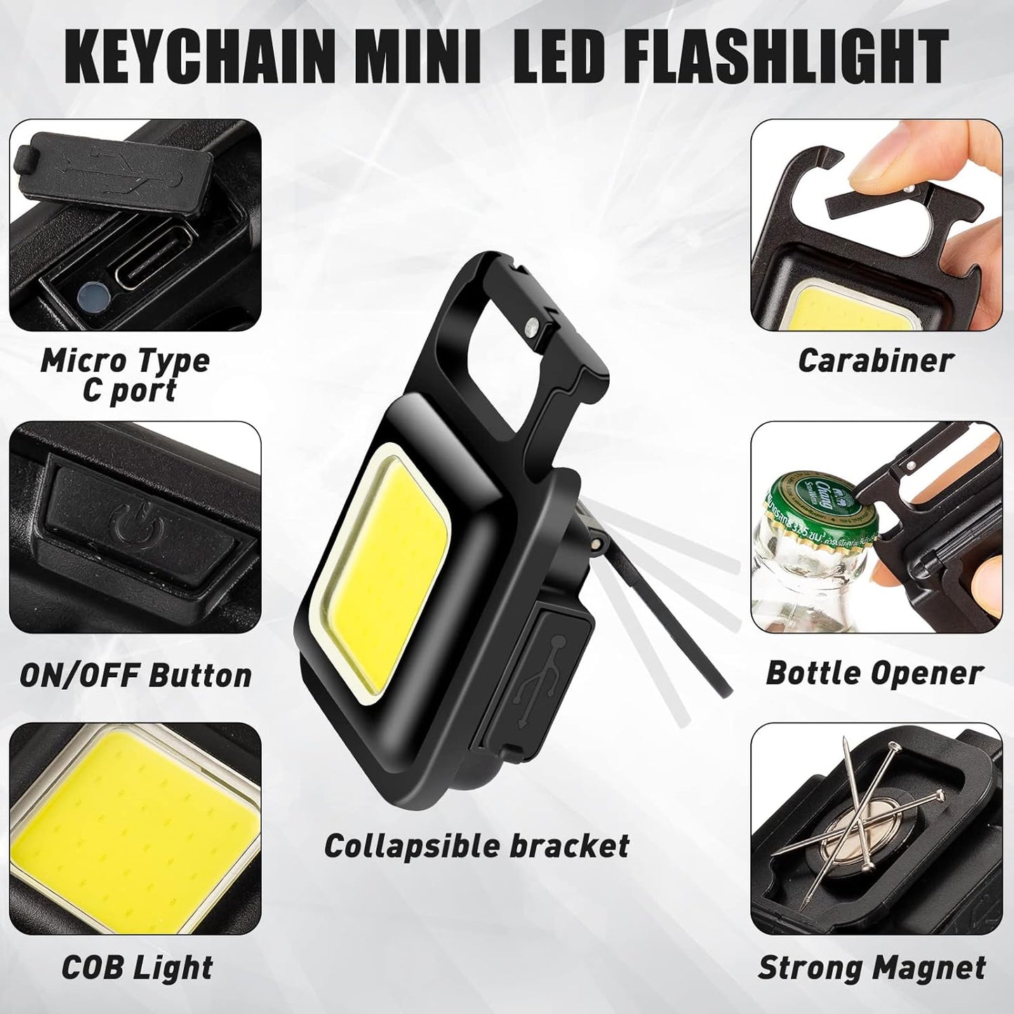 6 Pack COB Small Flashlights Bright Rechargeable Keychain Mini Flashlight 500 Lumens Pocket Flashlight with Folding Bracket Bottle Opener and Magnet Base 4 Light Modes Magnetic Work Light for Walking
